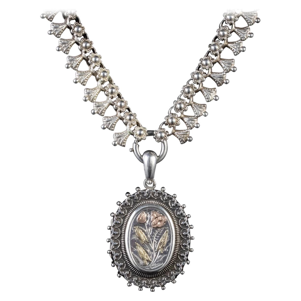 Antique Victorian Forget Me Not Collar Locket 18 Carat Gold Silver Dated 1881 For Sale
