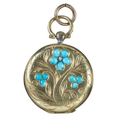 Antique Victorian Forget Me Not Locket Turquoise 18 Carat Gold, circa 1846