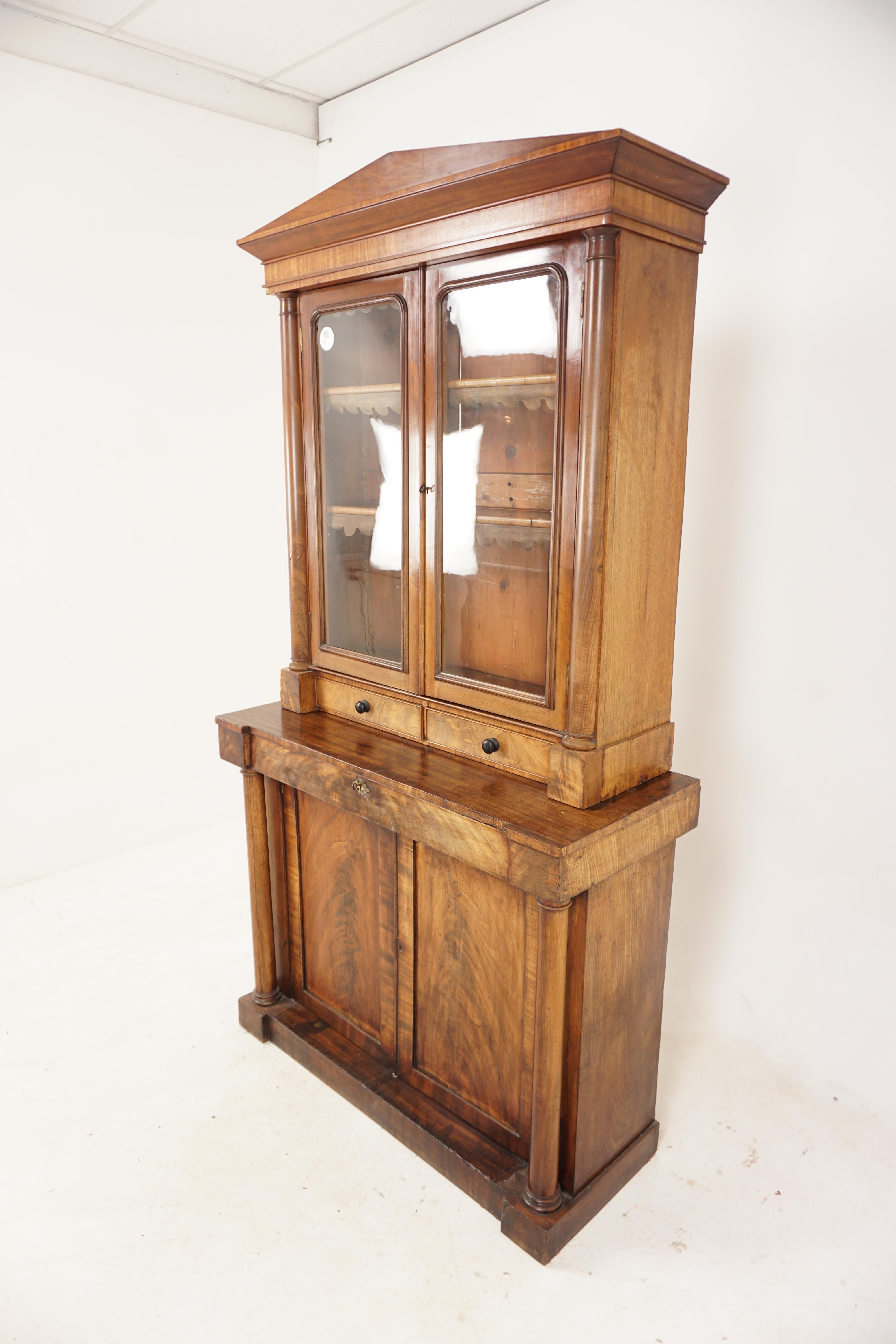 Antique Victorian four door cabinet bookcase display cabinet, H909

Scotland (regency period 1811-1820)
Solid walnut and veneers
Original finish
Simple moulded architectural cornice
With plain frieze below
Pair of original glass doors
With 3