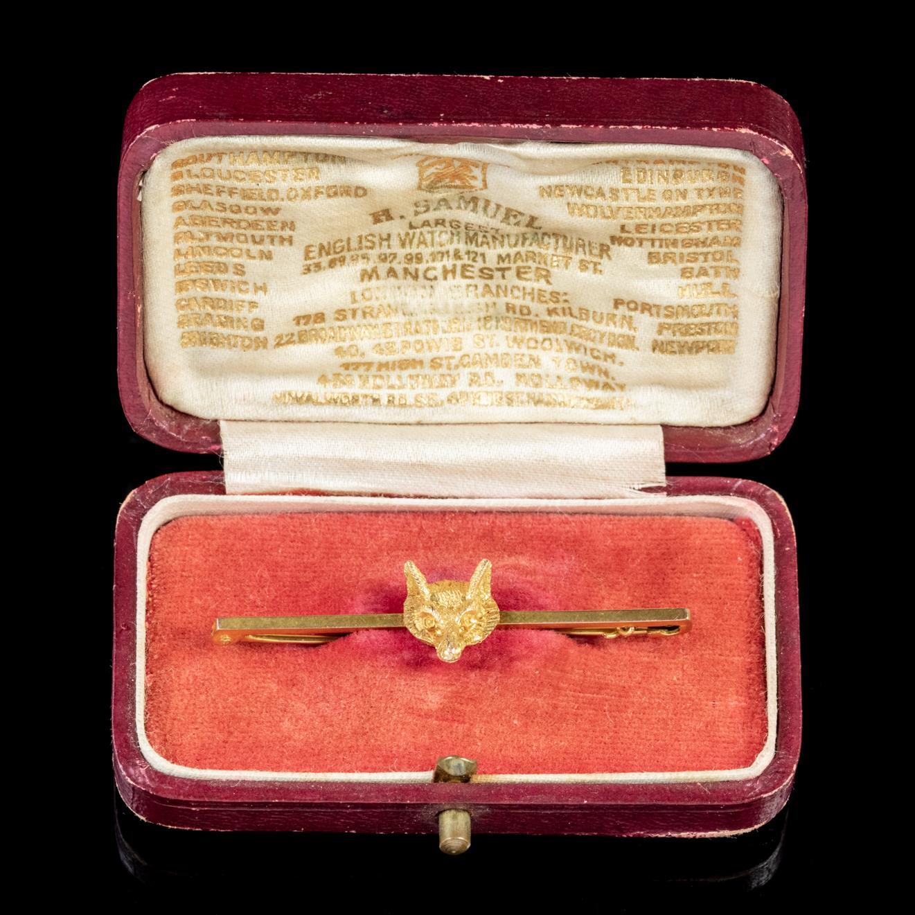 Antique Victorian Fox Brooch 9 Carat Gold Pin circa 1900 Boxed For Sale 2