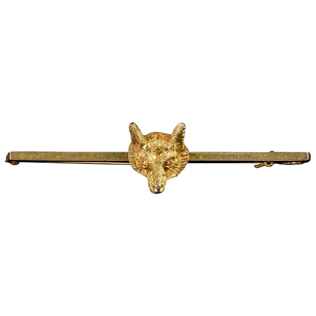 Antique Victorian Fox Brooch 9 Carat Gold Pin circa 1900 Boxed For Sale