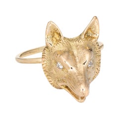 Antique Victorian Fox Conversion Ring 14k Gold Diamond Eyes Animal Jewelry