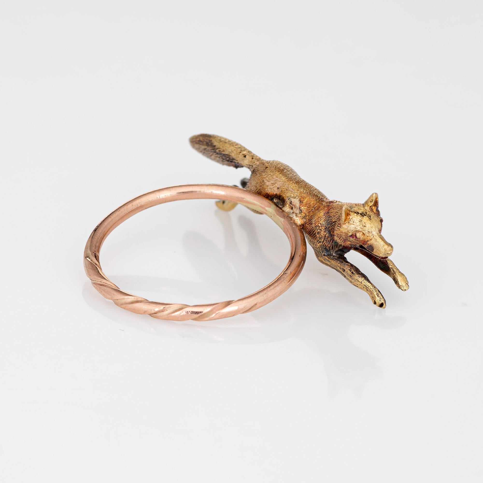 Antique Victorian Fox Conversion Ring 14k Yellow Gold Animal Jewelry 7.25 In Good Condition In Torrance, CA