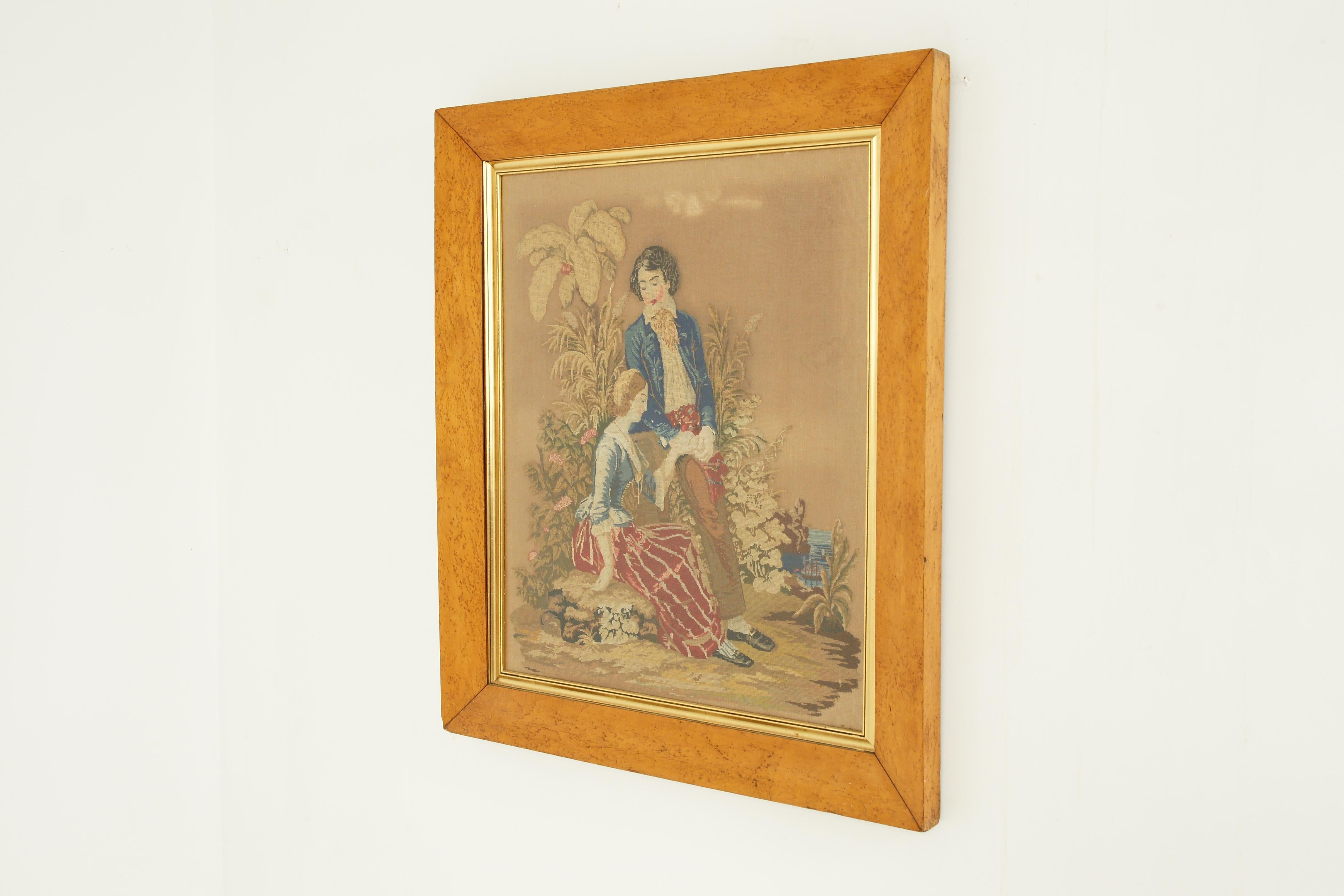 Mid-19th Century Antique Victorian Framed Needlepoint, Tapestry Courting Couple, Scotland 1850 For Sale