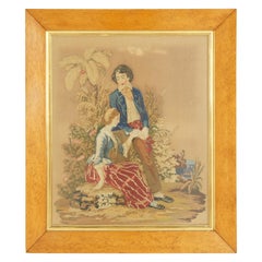 Antique Victorian Framed Needlepoint, Tapestry Courting Couple, Scotland 1850