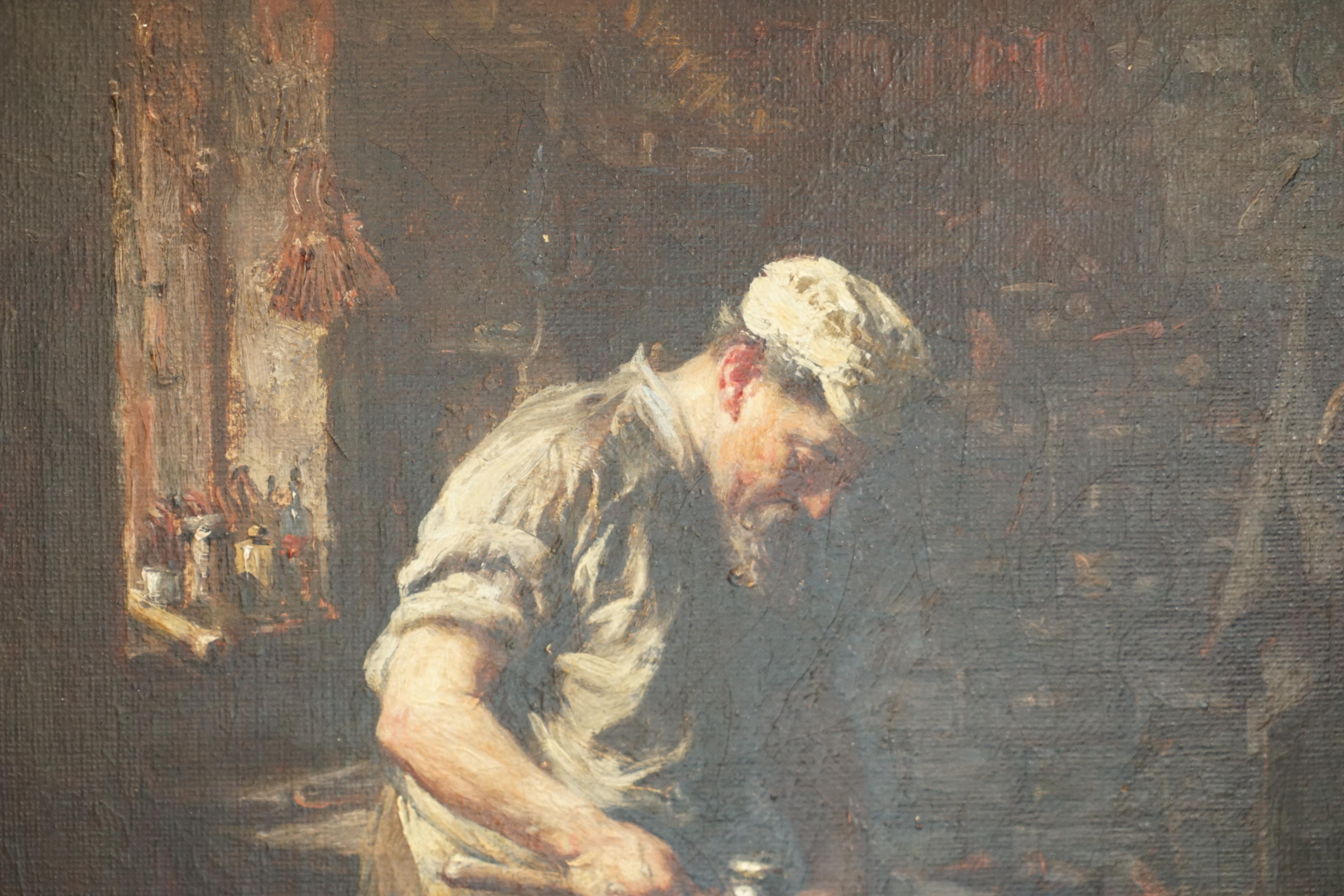 Hand-Crafted ANTIQUE VICTORIAN FREDERICK GEORGE COTMAN 1882 OIL PAINTING OF A BLACKSMiTH For Sale