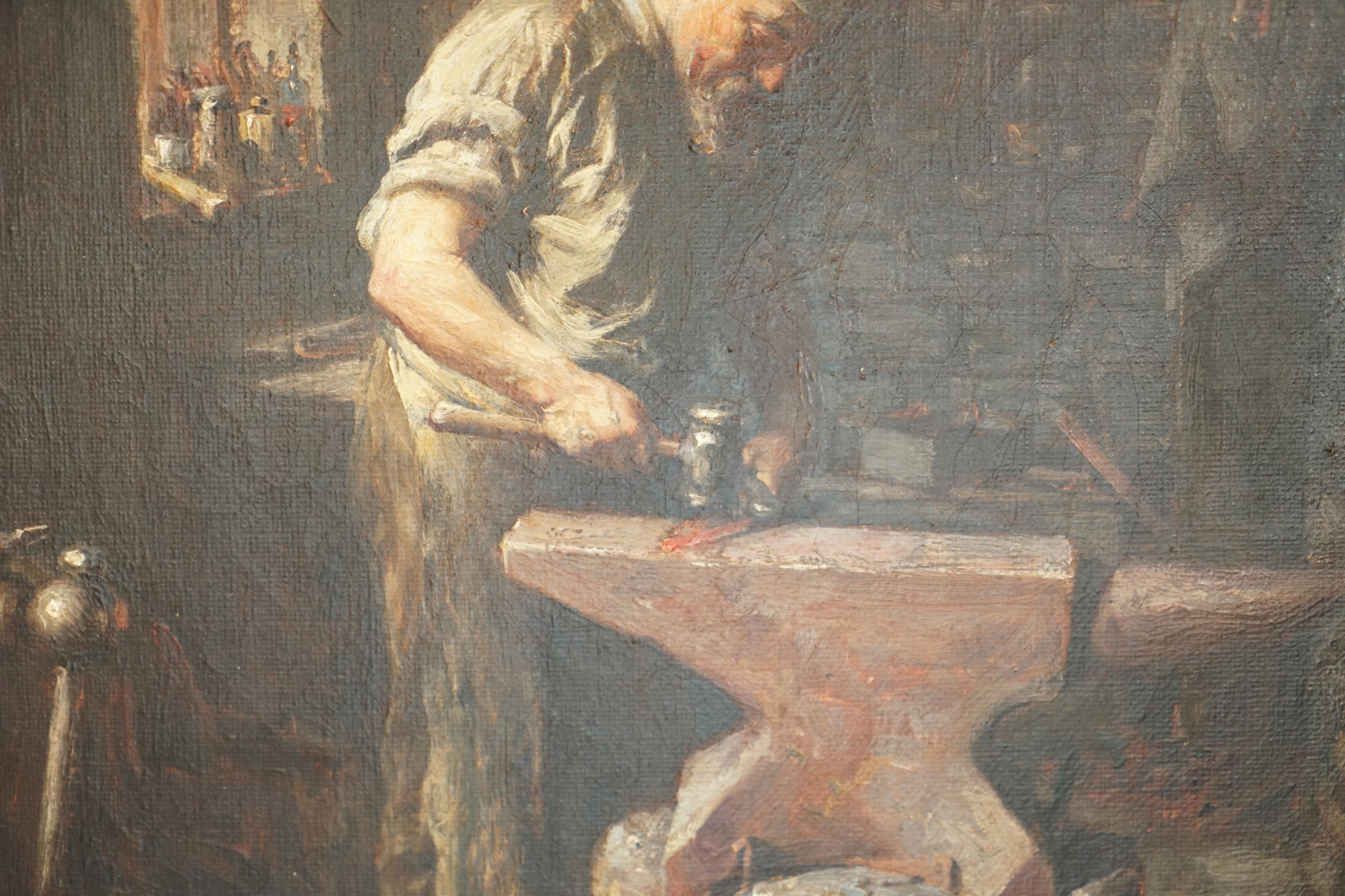 Late 19th Century ANTIQUE VICTORIAN FREDERICK GEORGE COTMAN 1882 OIL PAINTING OF A BLACKSMiTH For Sale
