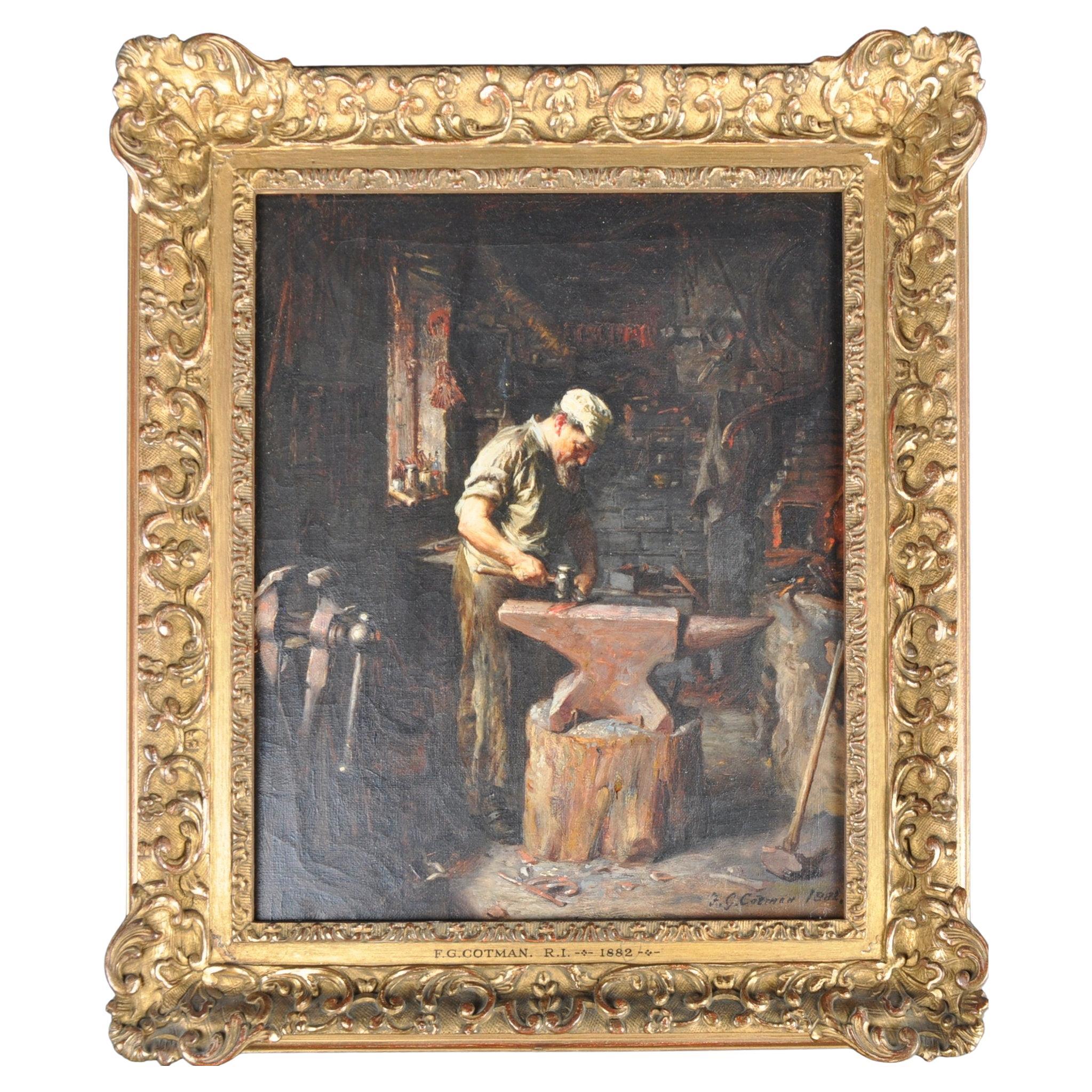 ANTIQUE VICTORIAN FREDERICK GEORGE COTMAN 1882 OIL PAINTING OF A BLACKSMiTH
