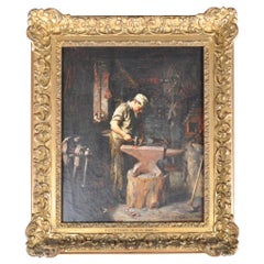ANTIQUE VICTORIAN FREDERICK GEORGE COTMAN 1882 OIL PAINTING OF A BLACKSMiTH