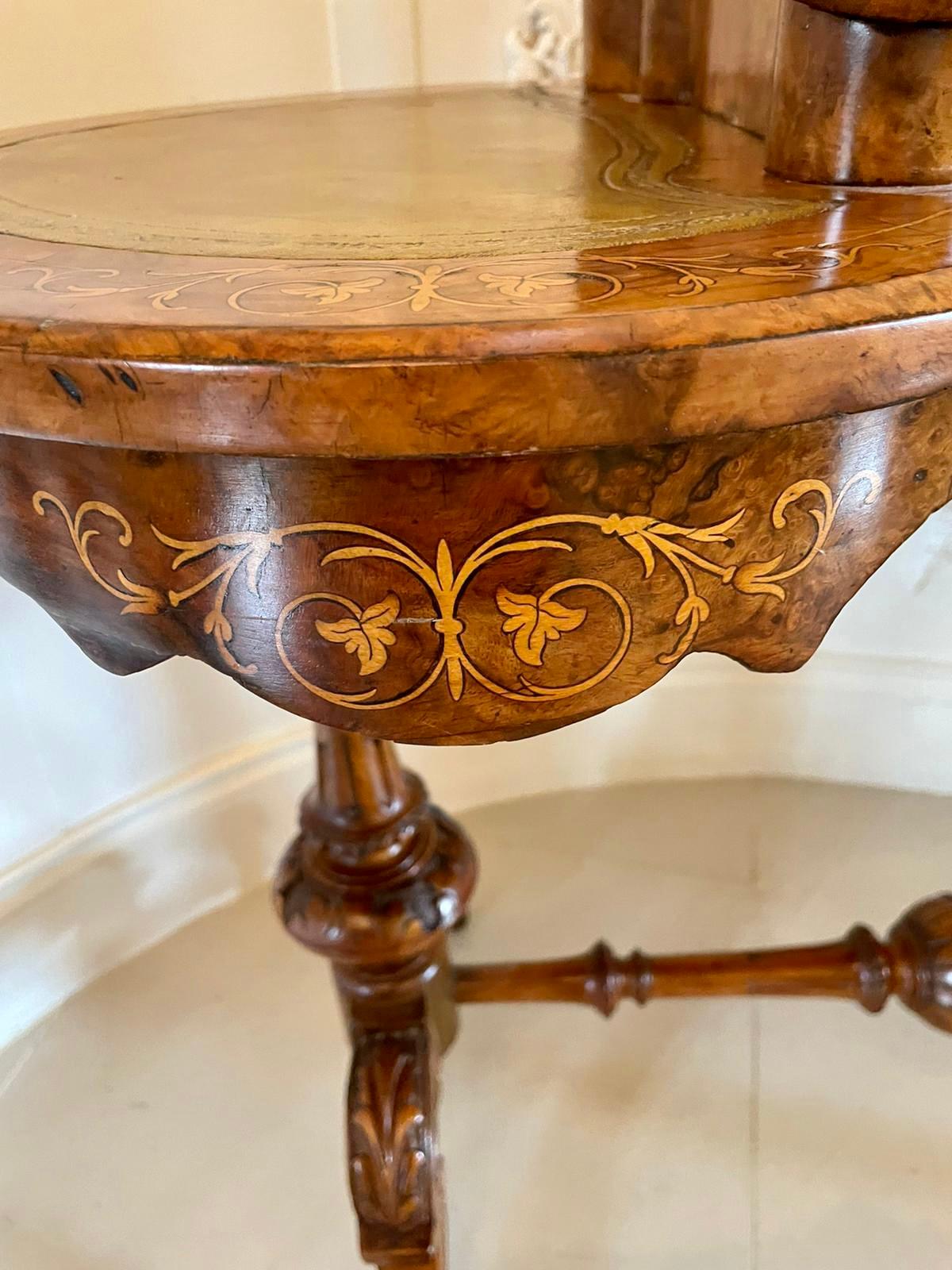 ​​Antique Victorian Freestanding Inlaid Burr Walnut Kidney Shaped Writing Table For Sale 6