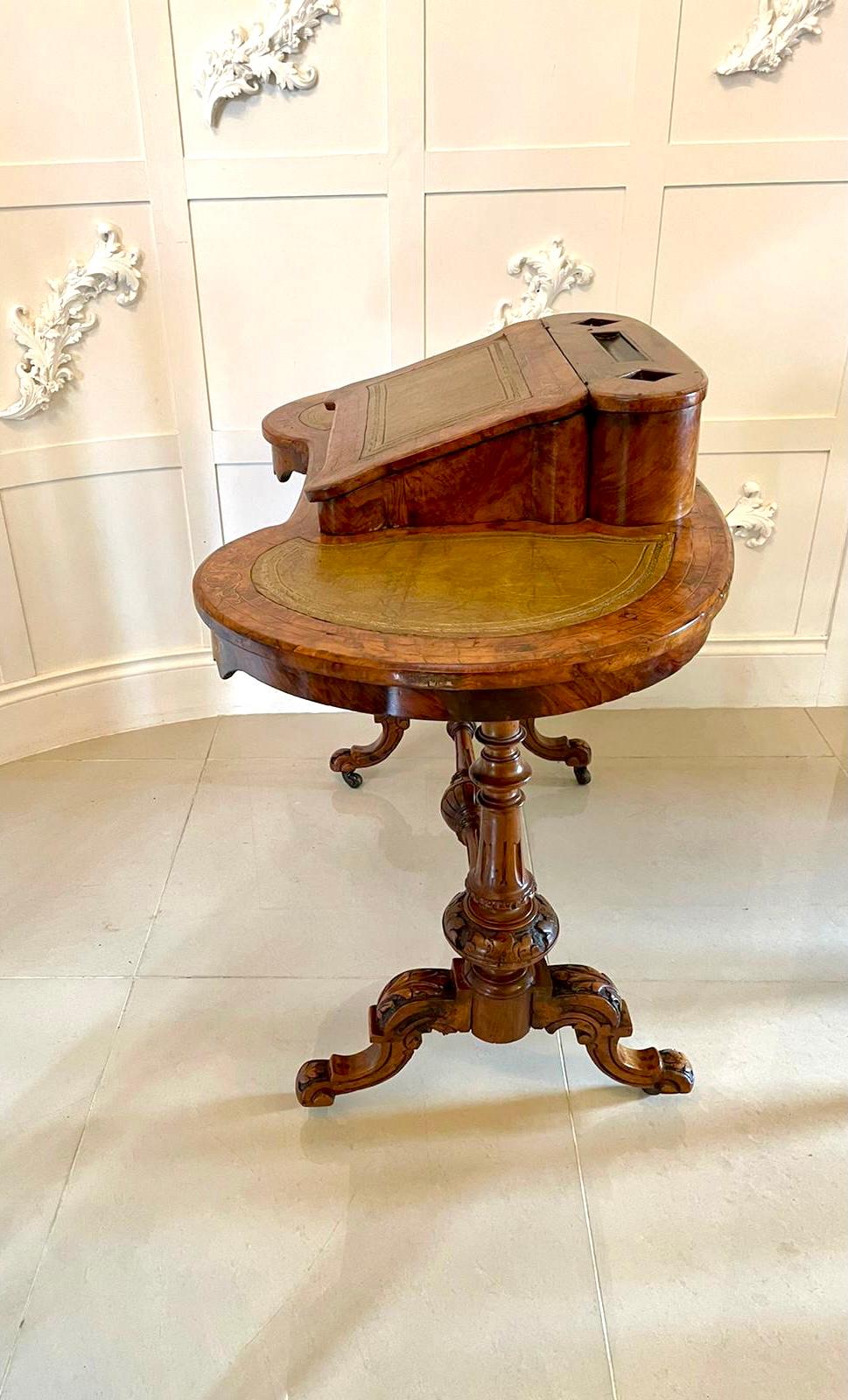 ​​Antique Victorian Freestanding Inlaid Burr Walnut Kidney Shaped Writing Table For Sale 7