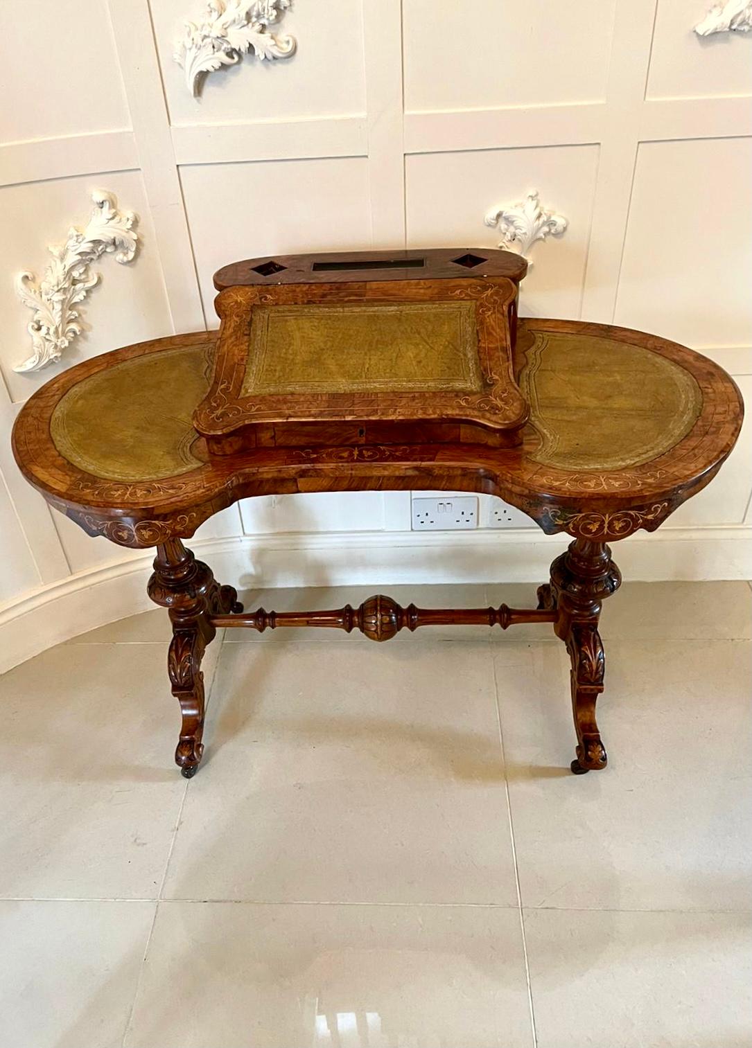 Hand-Carved ​​Antique Victorian Freestanding Inlaid Burr Walnut Kidney Shaped Writing Table For Sale