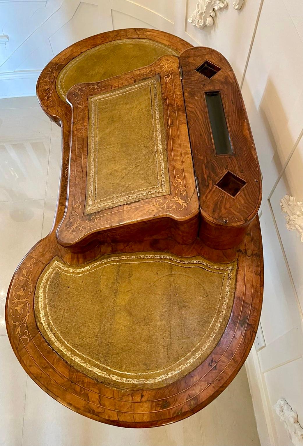 19th Century ​​Antique Victorian Freestanding Inlaid Burr Walnut Kidney Shaped Writing Table For Sale