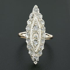 Antique Victorian French 14k Gold Silver Rose Diamond Marquise Long Navette Ring