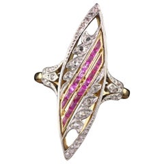 Antique Victorian French 18 Karat Gold Platinum Rose Cut and Ruby Navette Ring