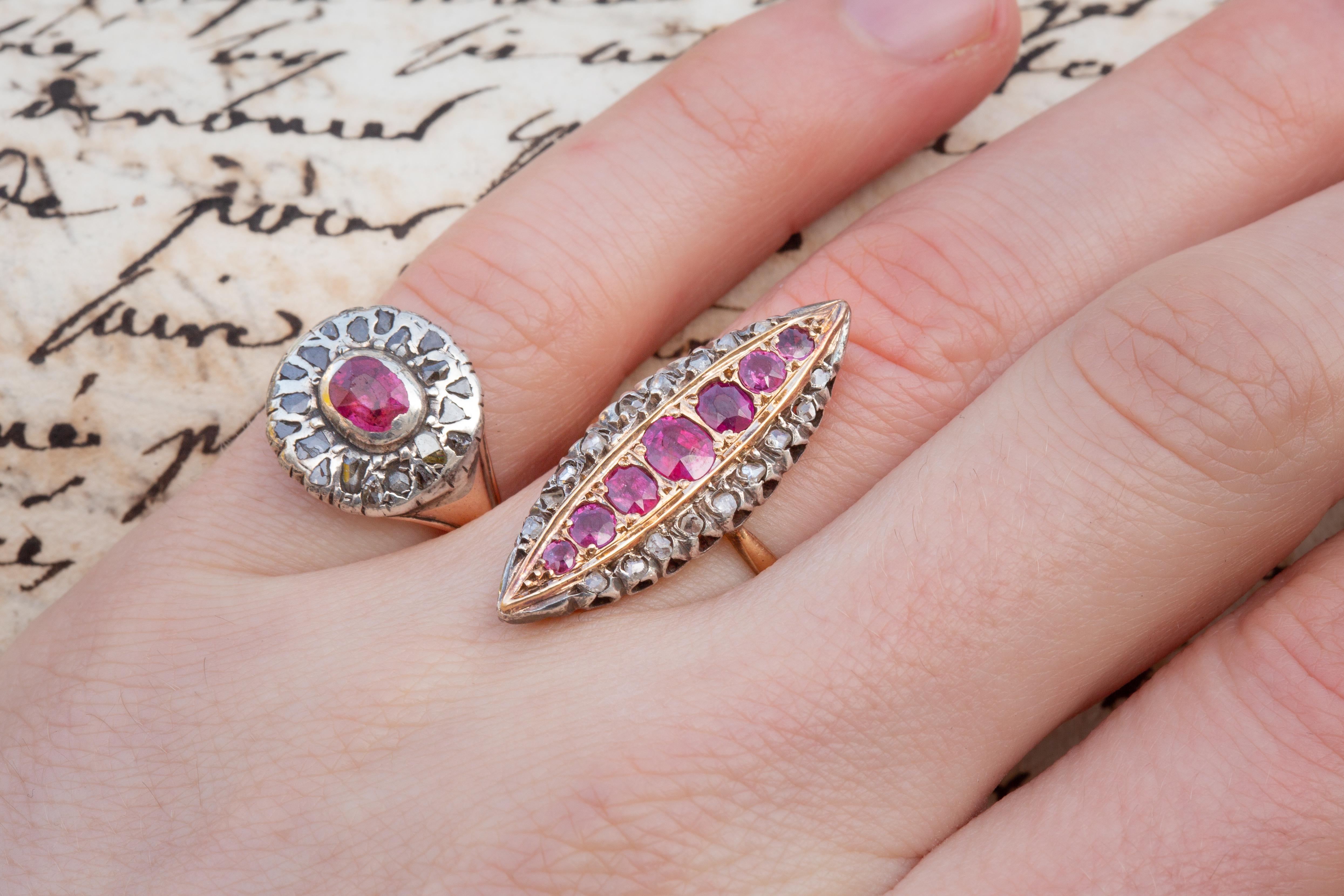 Antiker viktorianischer französischer 18 Karat Gold Diamant- und Rubin-Cluster-Ring Navette Marquise 4