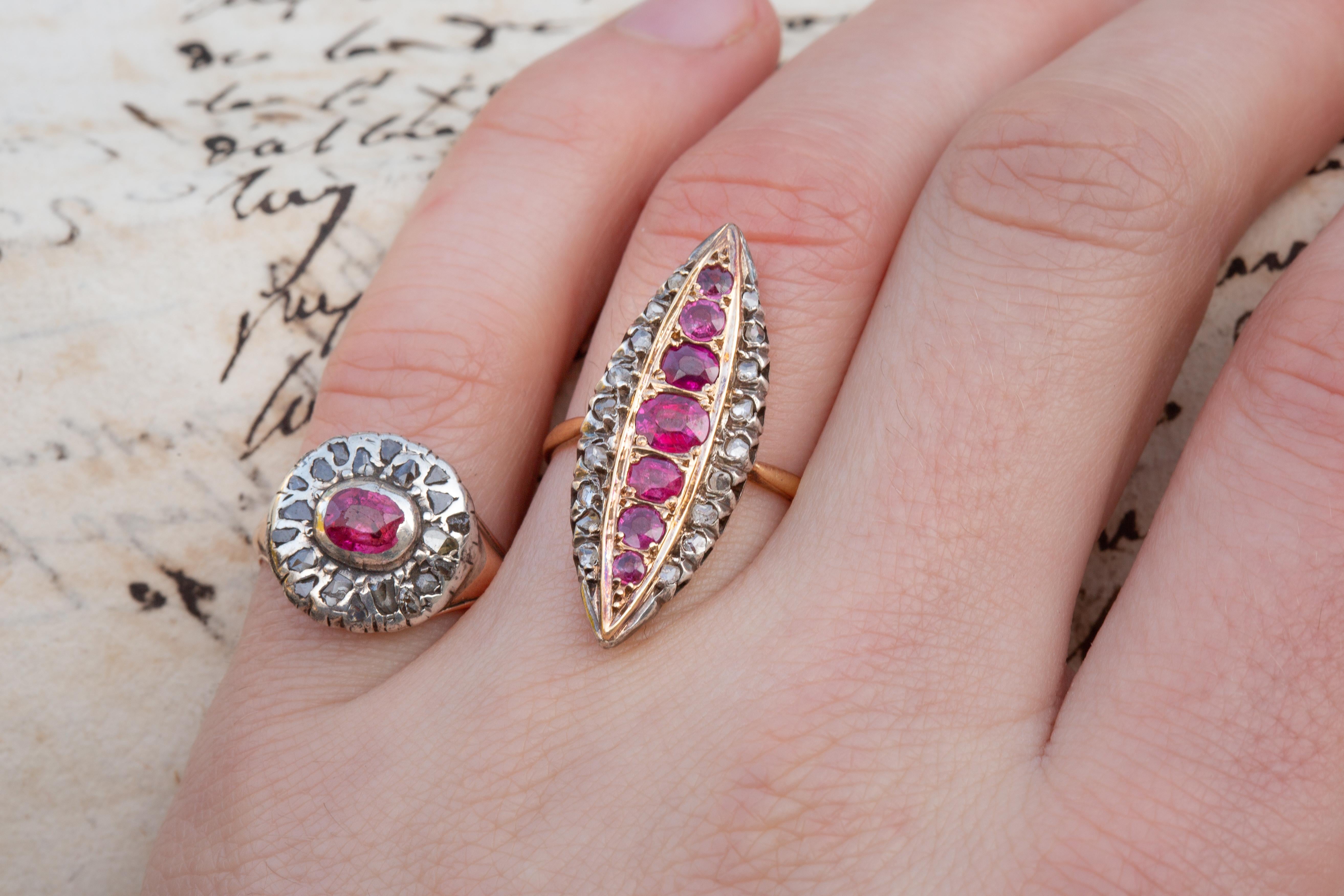 Antiker viktorianischer französischer 18 Karat Gold Diamant- und Rubin-Cluster-Ring Navette Marquise 5