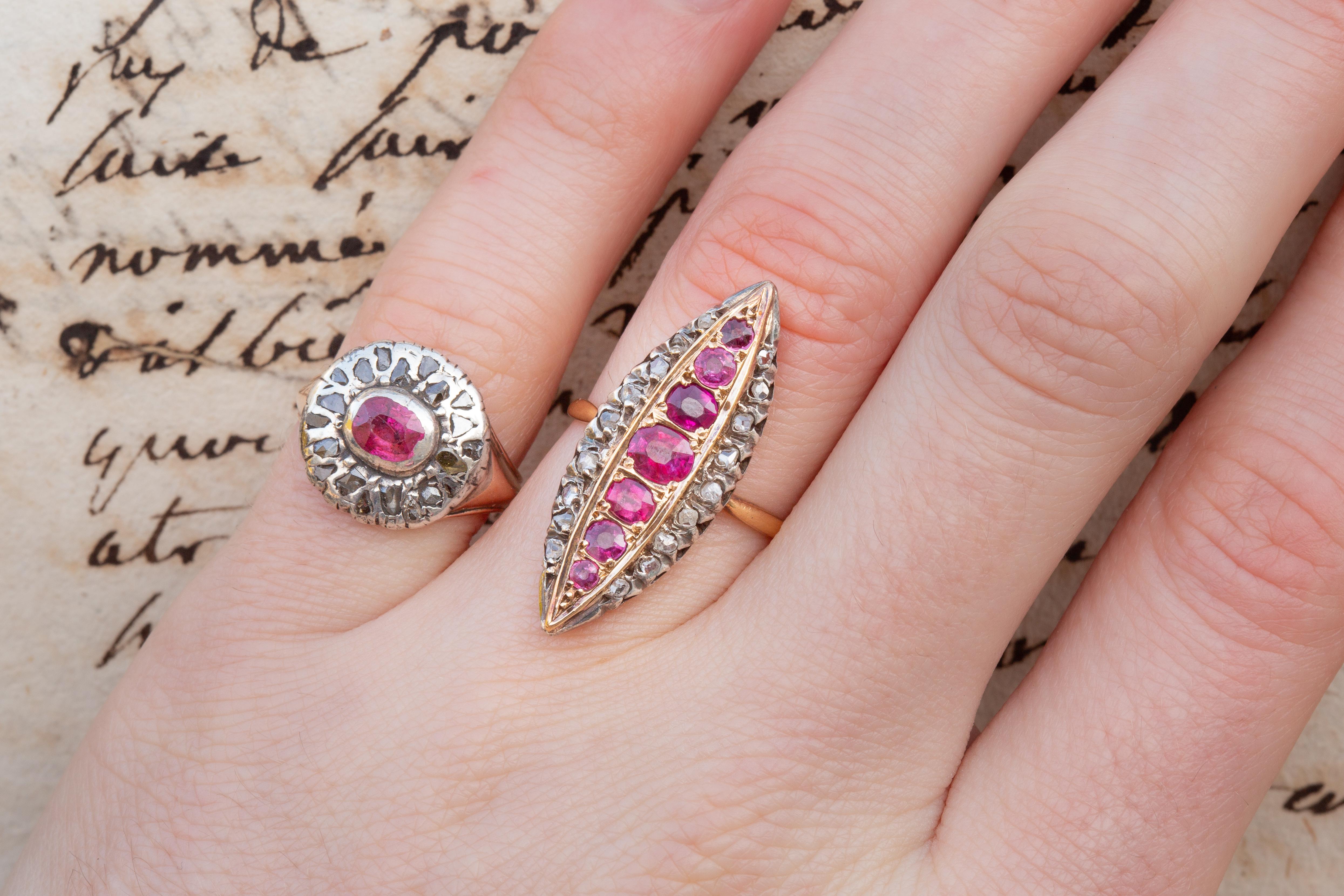 Antiker viktorianischer französischer 18 Karat Gold Diamant- und Rubin-Cluster-Ring Navette Marquise 6