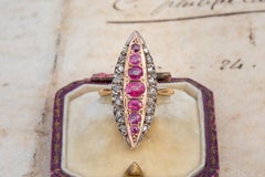 Antique Victorian French 18k Gold Diamond and Ruby Cluster Ring Navette Marquise