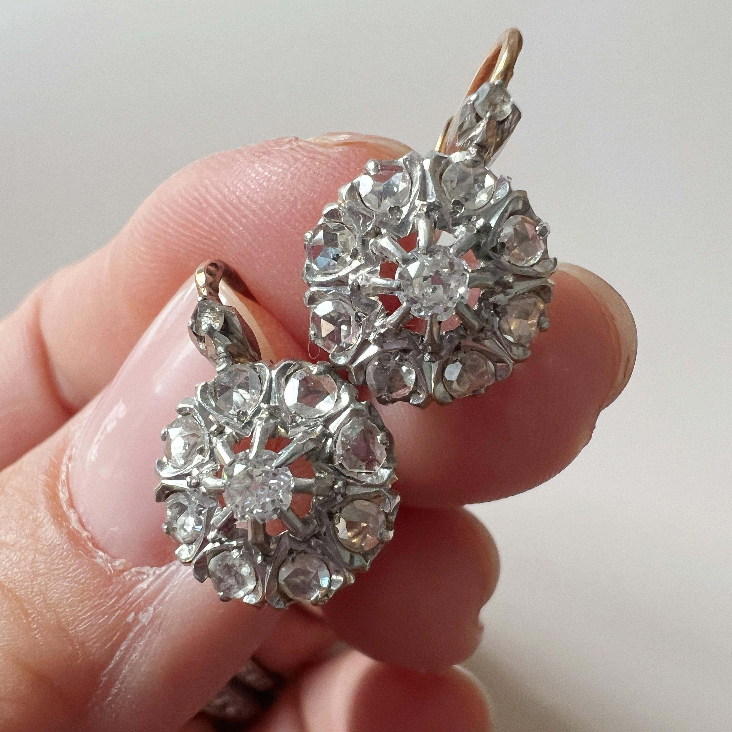 Rose Cut Antique Victorian French 18K gold diamond earrings For Sale