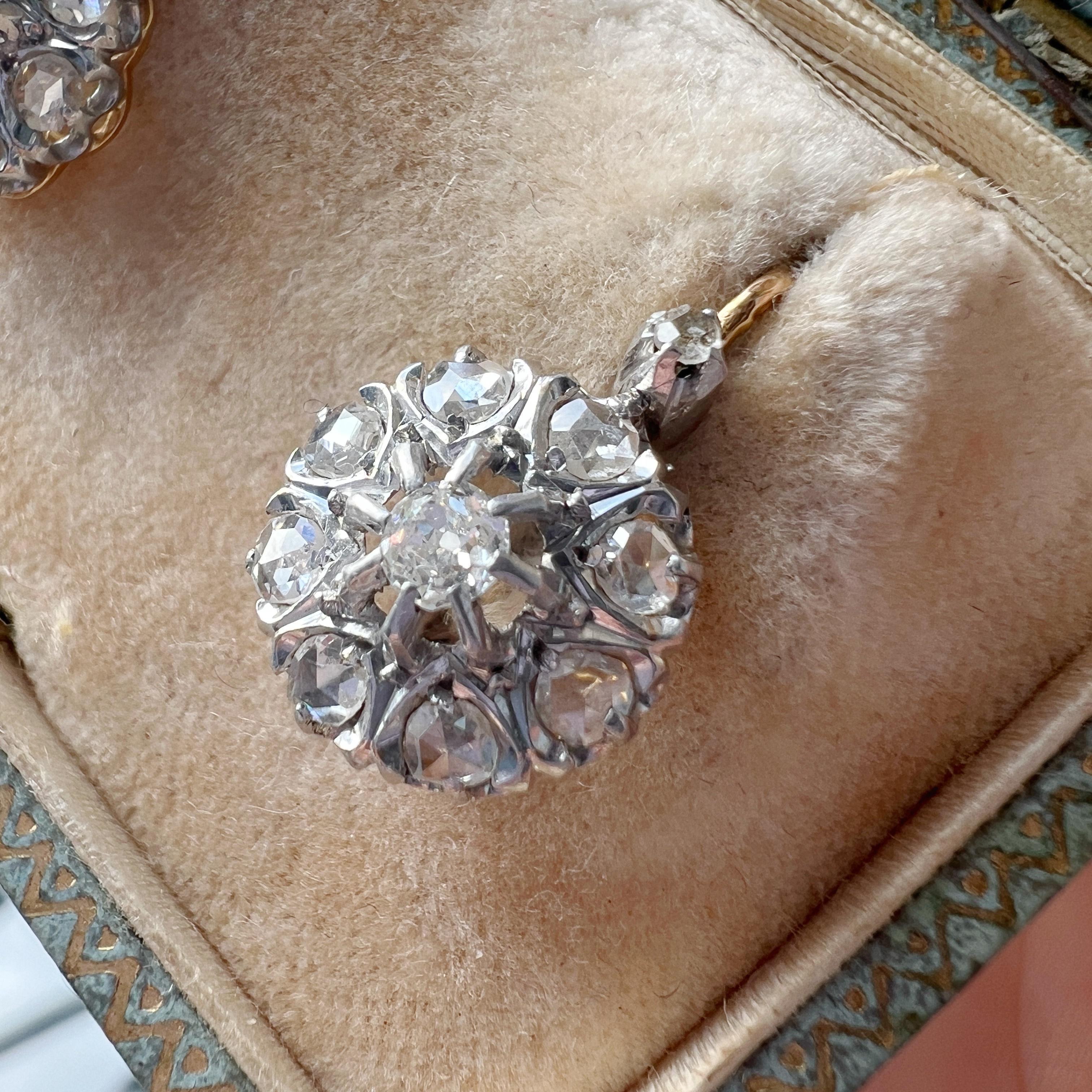 Antike viktorianische französische 18K Gold Diamant Ohrringe (Rosenschliff)