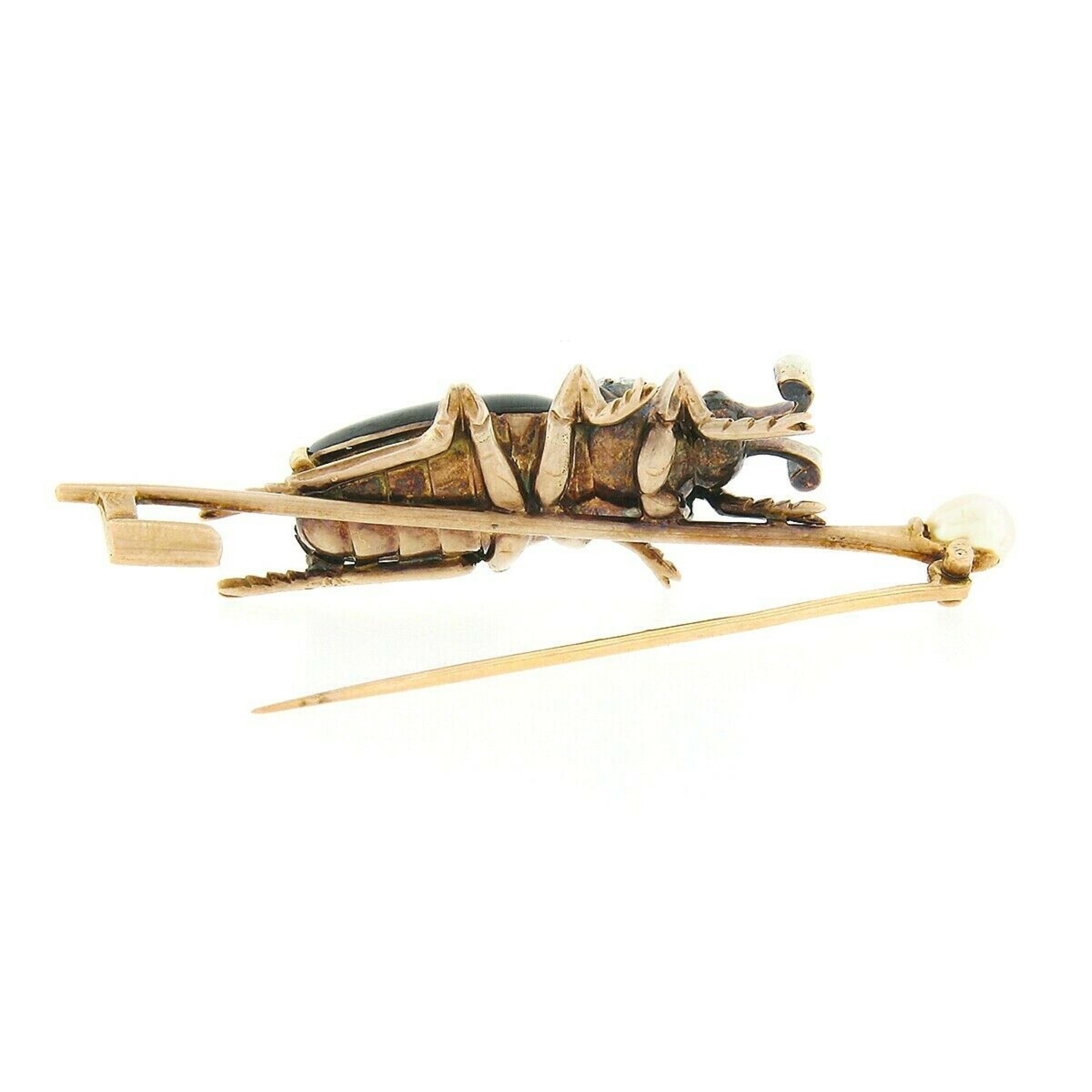 Antique Victorian French 18K Gold Diamond Ruby Garnet Pearl Scarab Beetle Brooch In Good Condition In Montclair, NJ