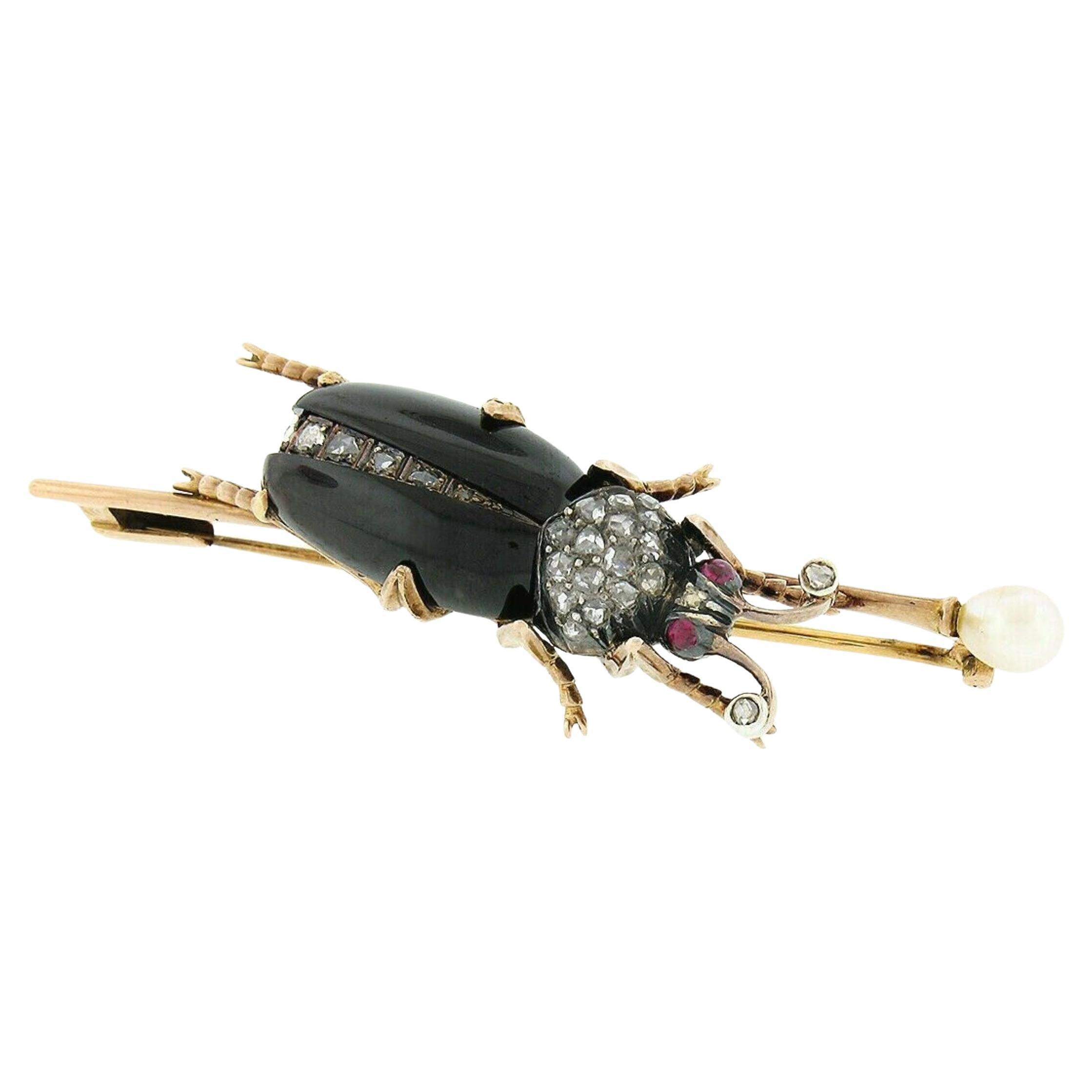 Broche scarabée française ancienne victorienne en or 18 carats, diamant, rubis, grenat, perle et scarabée