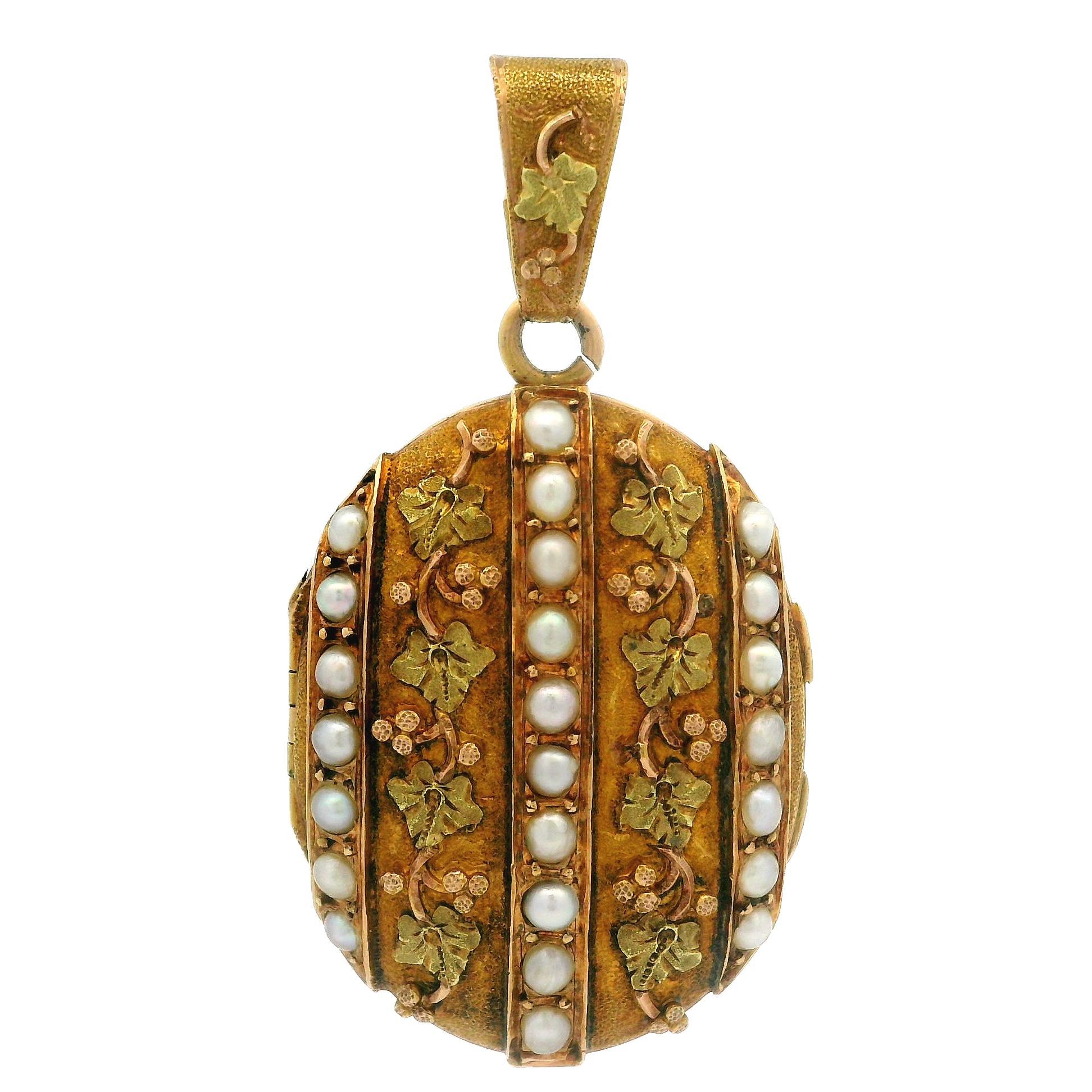 Round Cut Antique Victorian French 18k Green Rose Yellow Gold Pearl Oval Locket Pendant