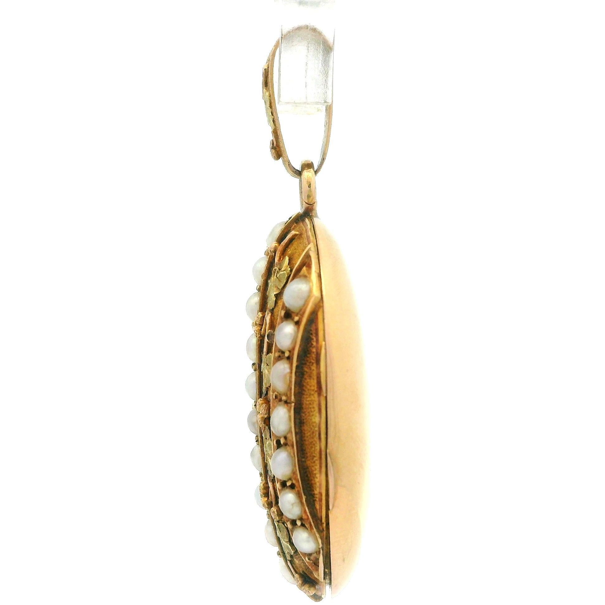 Women's Antique Victorian French 18k Green Rose Yellow Gold Pearl Oval Locket Pendant