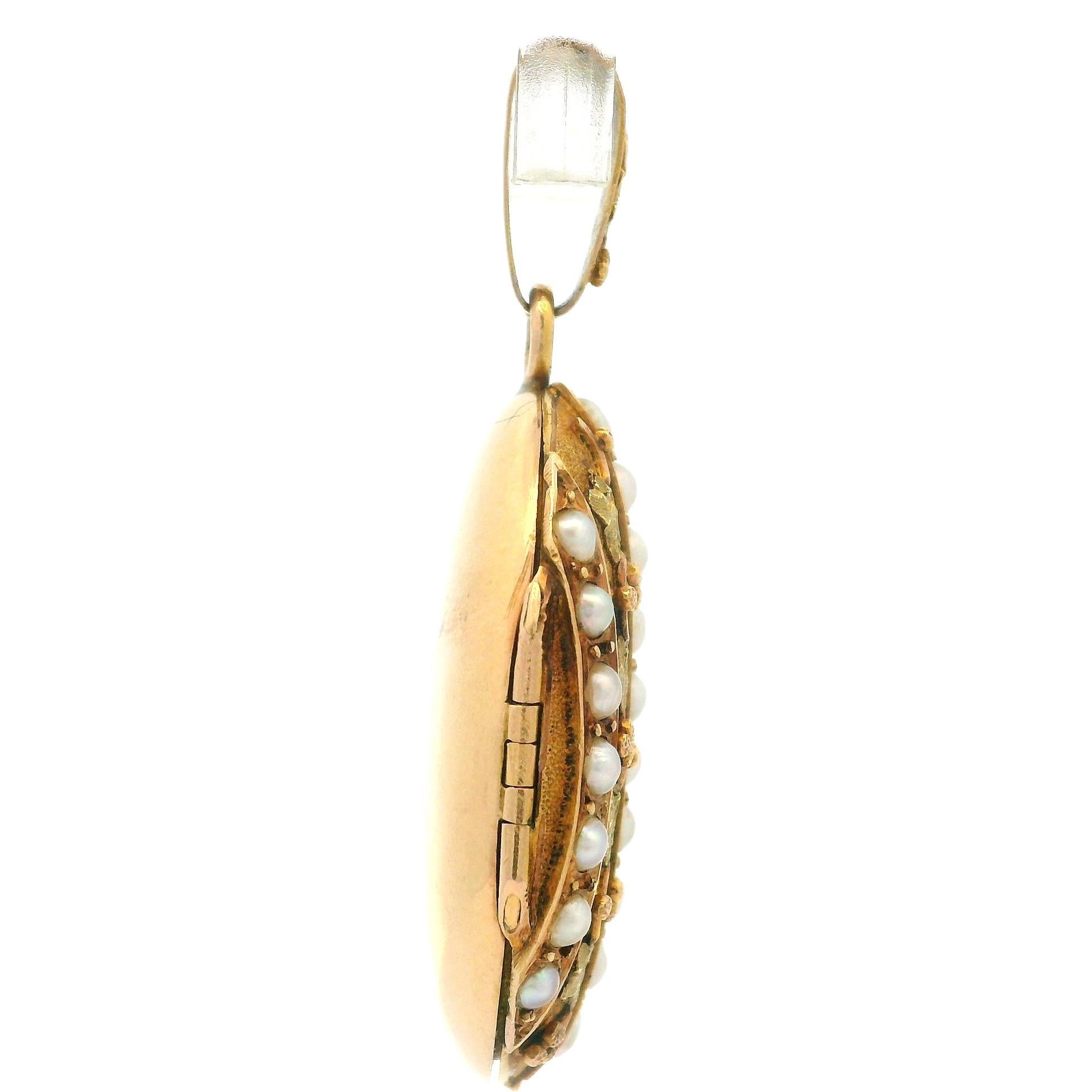 Antique Victorian French 18k Green Rose Yellow Gold Pearl Oval Locket Pendant 2