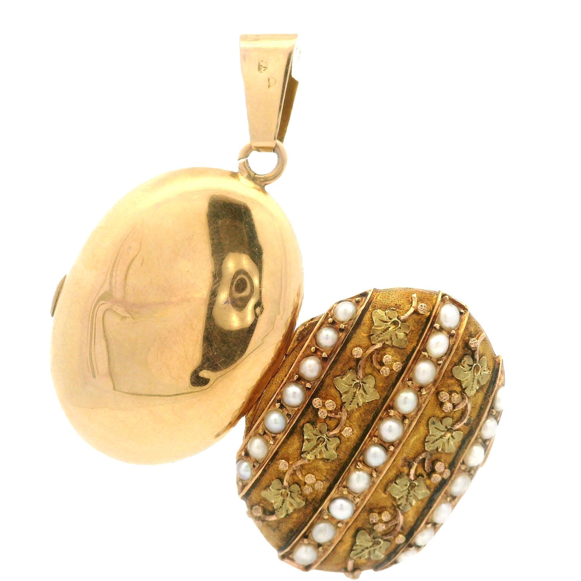 Antique Victorian French 18k Green Rose Yellow Gold Pearl Oval Locket Pendant 3
