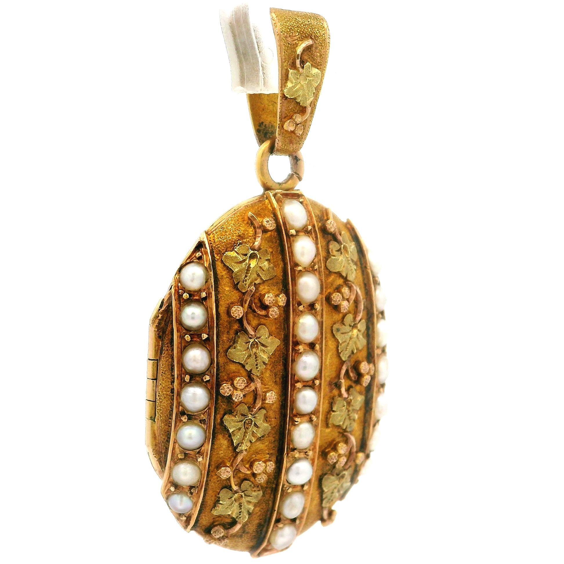 Antique Victorian French 18k Green Rose Yellow Gold Pearl Oval Locket Pendant 4