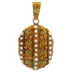 Antique Victorian French 18k Green Rose Yellow Gold Pearl Oval Locket Pendant