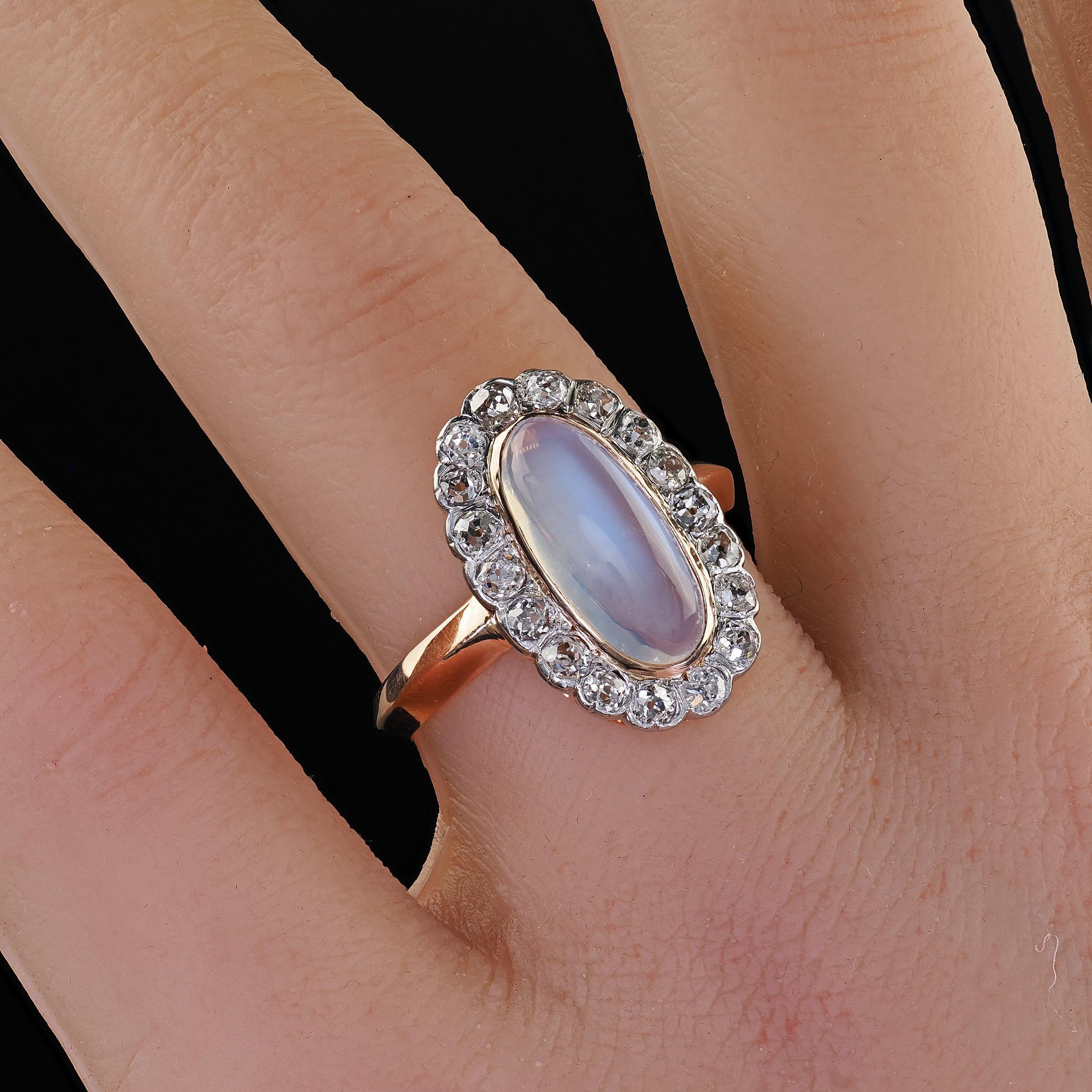 Antique Victorian French 18K Rose Gold Moonstone and Diamond Cocktail Ring For Sale 5