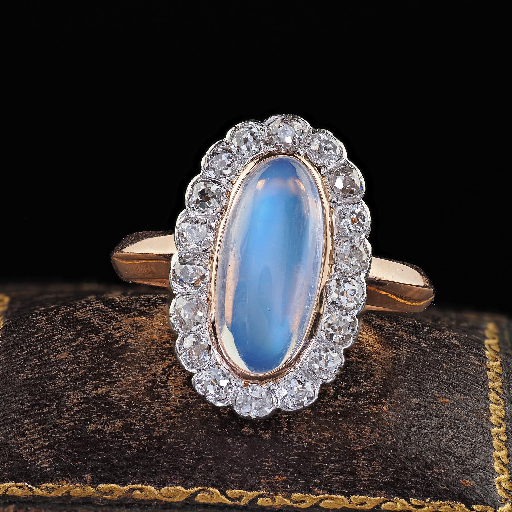 Beautiful Antique Victorian French 18K Rose Gold Moonstone and Diamond Cocktail Ring. This amazing Victorian cabochon moonstone and old mine diamond ring is crafted in 18k rose gold and silver top. This gorgeous ring features a bright cabochon