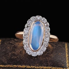 Antique Victorian French 18K Rose Gold Moonstone and Diamond Cocktail Ring