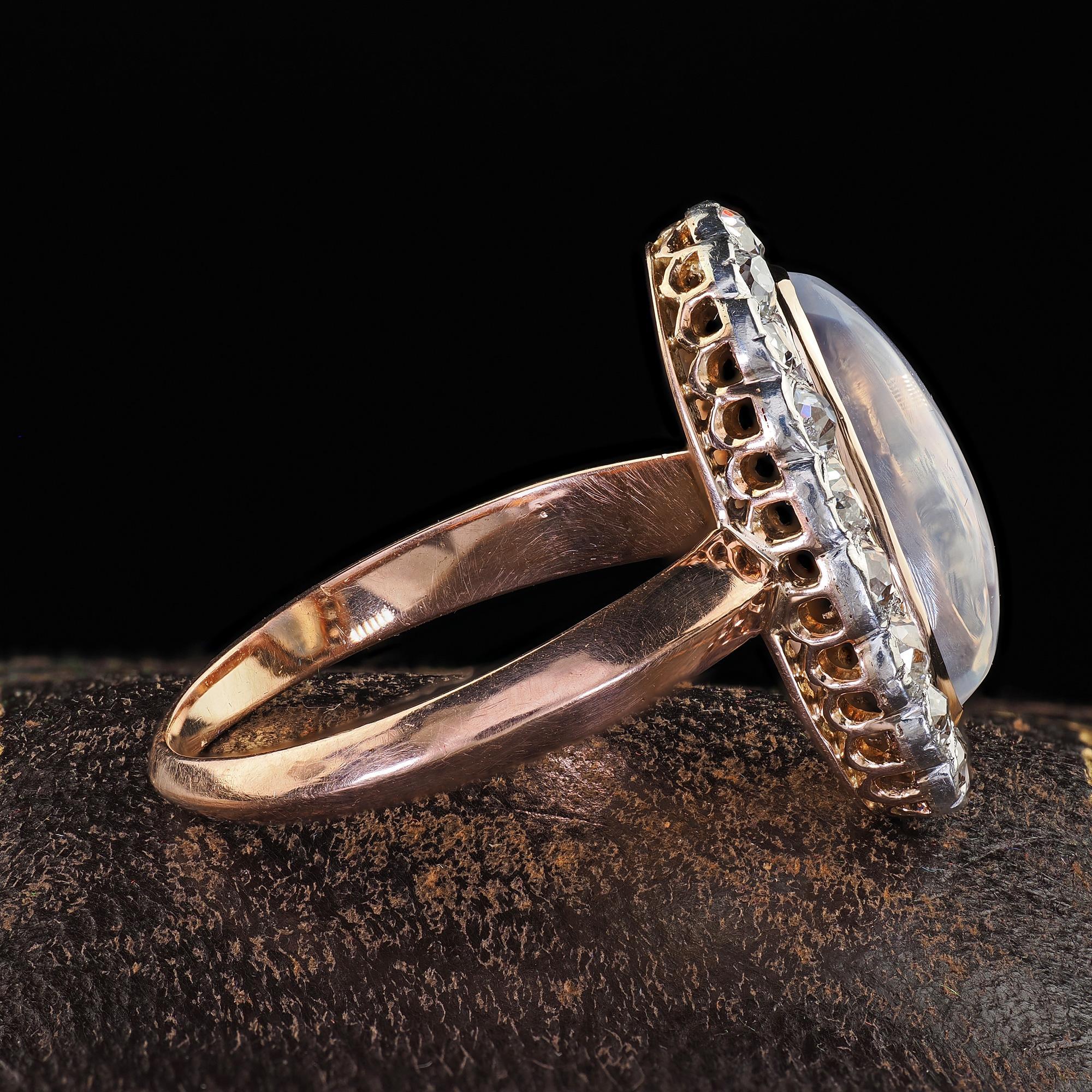 Antique Victorian French 18K Rose Gold Moonstone and Diamond Cocktail Ring In Good Condition For Sale In Great Neck, NY