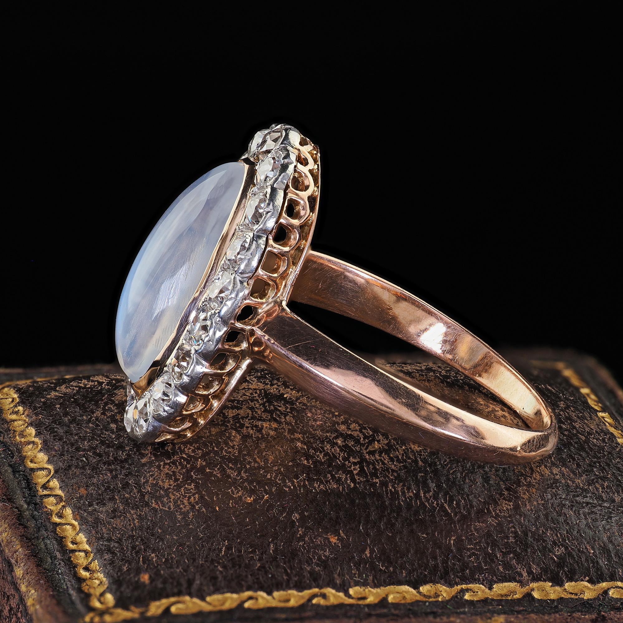 Women's Antique Victorian French 18K Rose Gold Moonstone and Diamond Cocktail Ring For Sale