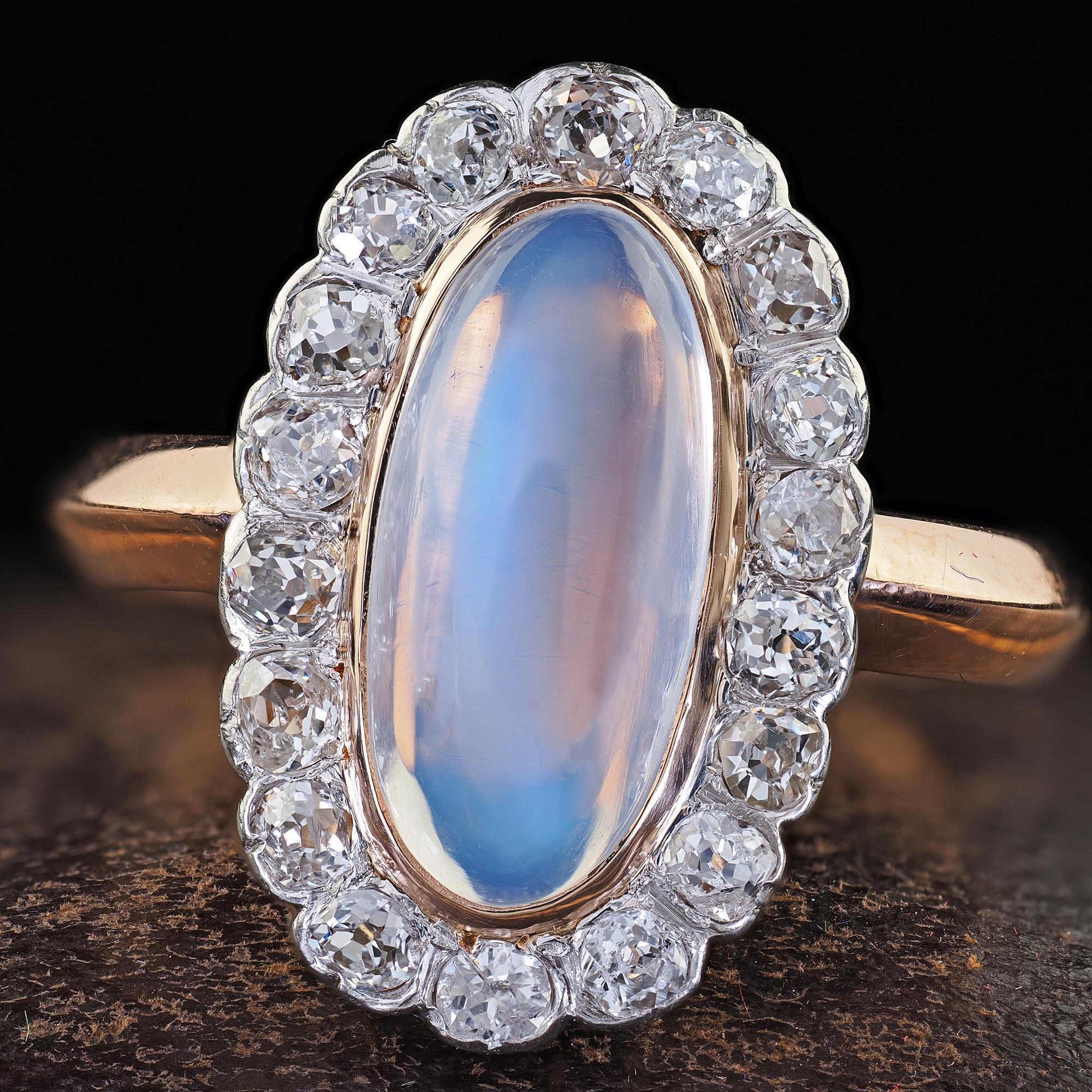 Antique Victorian French 18K Rose Gold Moonstone and Diamond Cocktail Ring For Sale 1