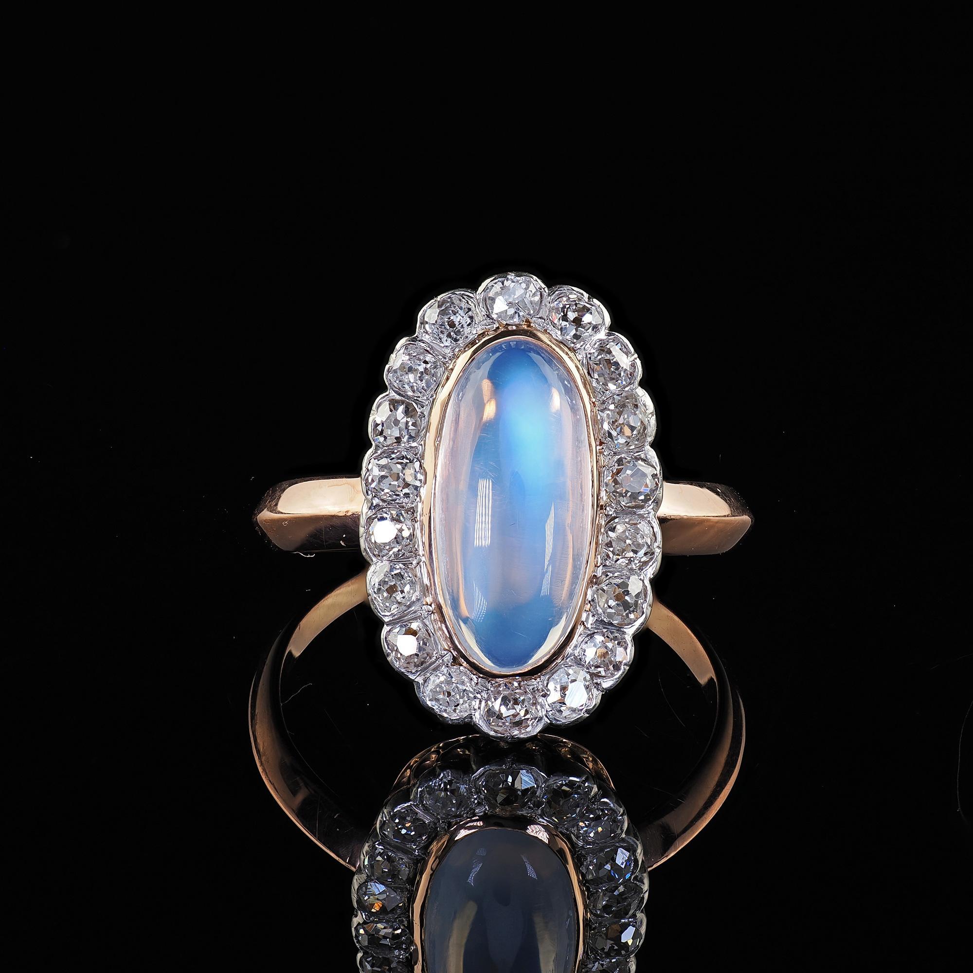 Antique Victorian French 18K Rose Gold Moonstone and Diamond Cocktail Ring For Sale 2