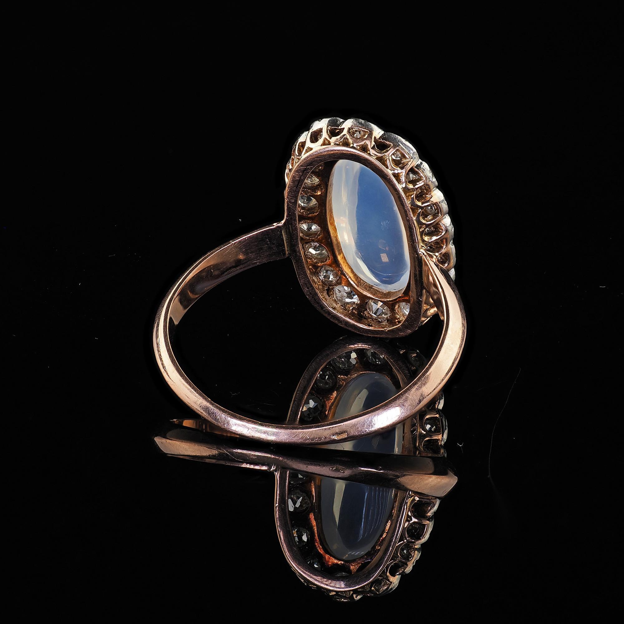 Antique Victorian French 18K Rose Gold Moonstone and Diamond Cocktail Ring For Sale 3