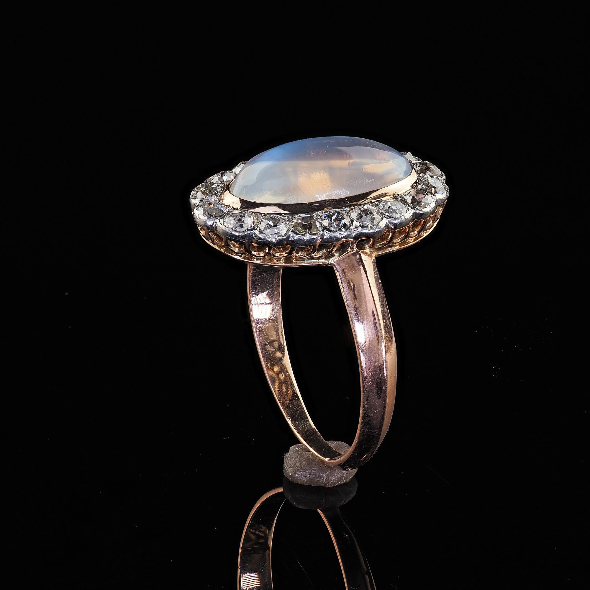 Antique Victorian French 18K Rose Gold Moonstone and Diamond Cocktail Ring For Sale 4