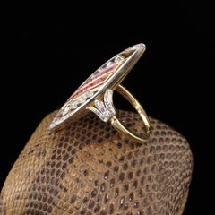 Antique Victorian French 18 Karat Gold Platinum Rose Cut and Ruby Navette Ring