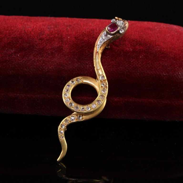 Women's or Men's Antique Victorian French 18K Yellow Gold Rose Cut Diamond and Ruby Snake Pin For Sale