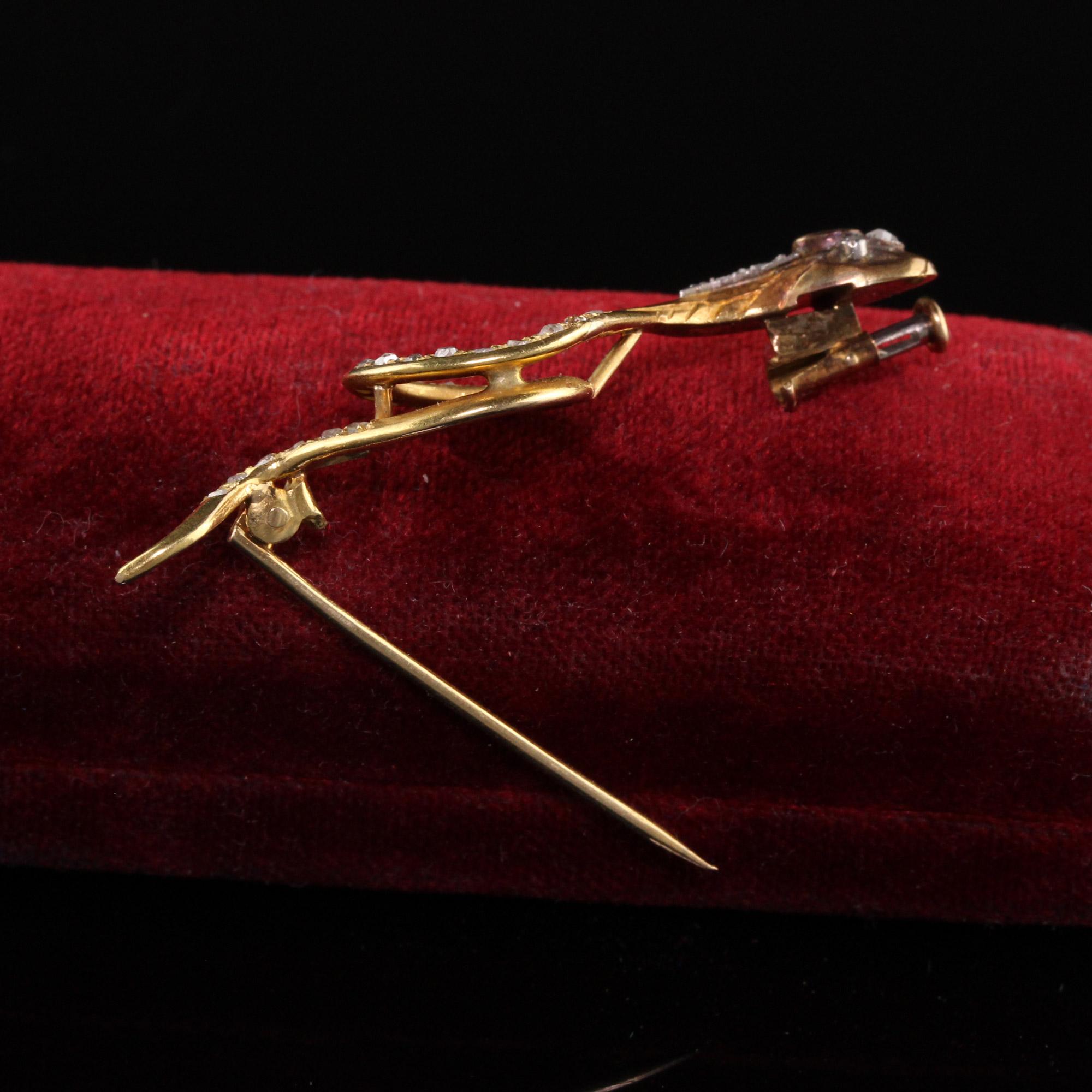 Antique Victorian French 18K Yellow Gold Rose Cut Diamond and Ruby Snake Pin 1