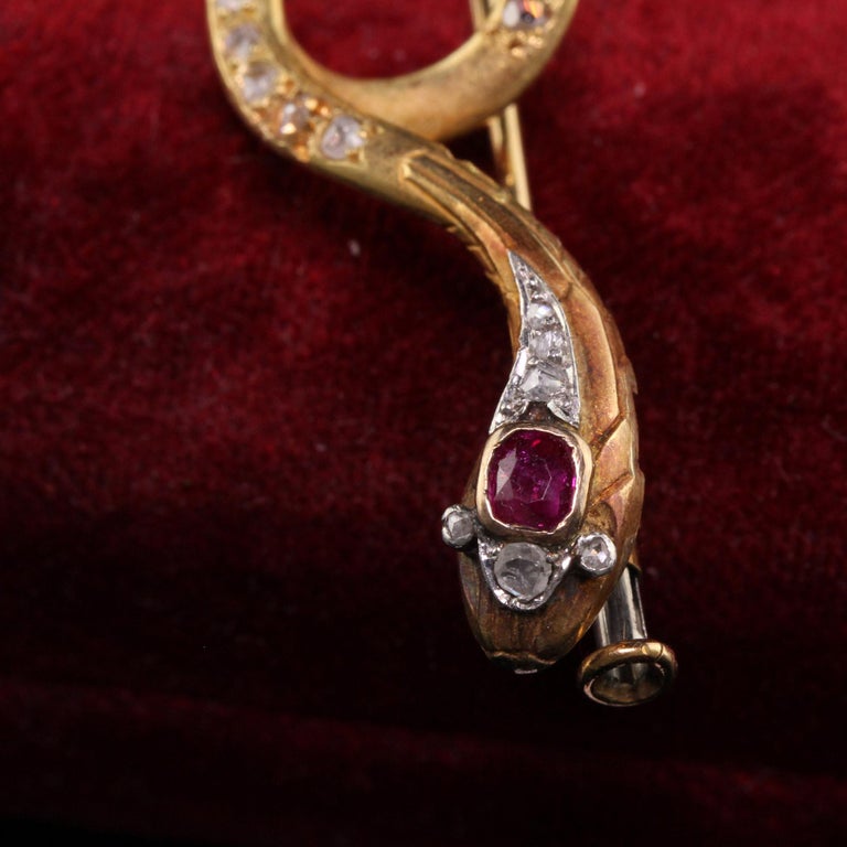 Antique Victorian French 18K Yellow Gold Rose Cut Diamond and Ruby Snake Pin For Sale 2