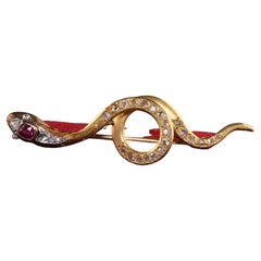 Antique Victorian French 18K Yellow Gold Rose Cut Diamond and Ruby Snake Pin