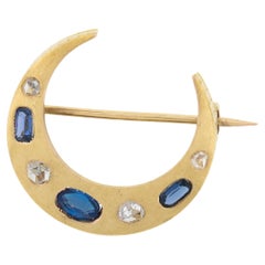 Antique Victorian French 18K Yellow Gold Sapphire & Diamond Crescent Pin Brooch