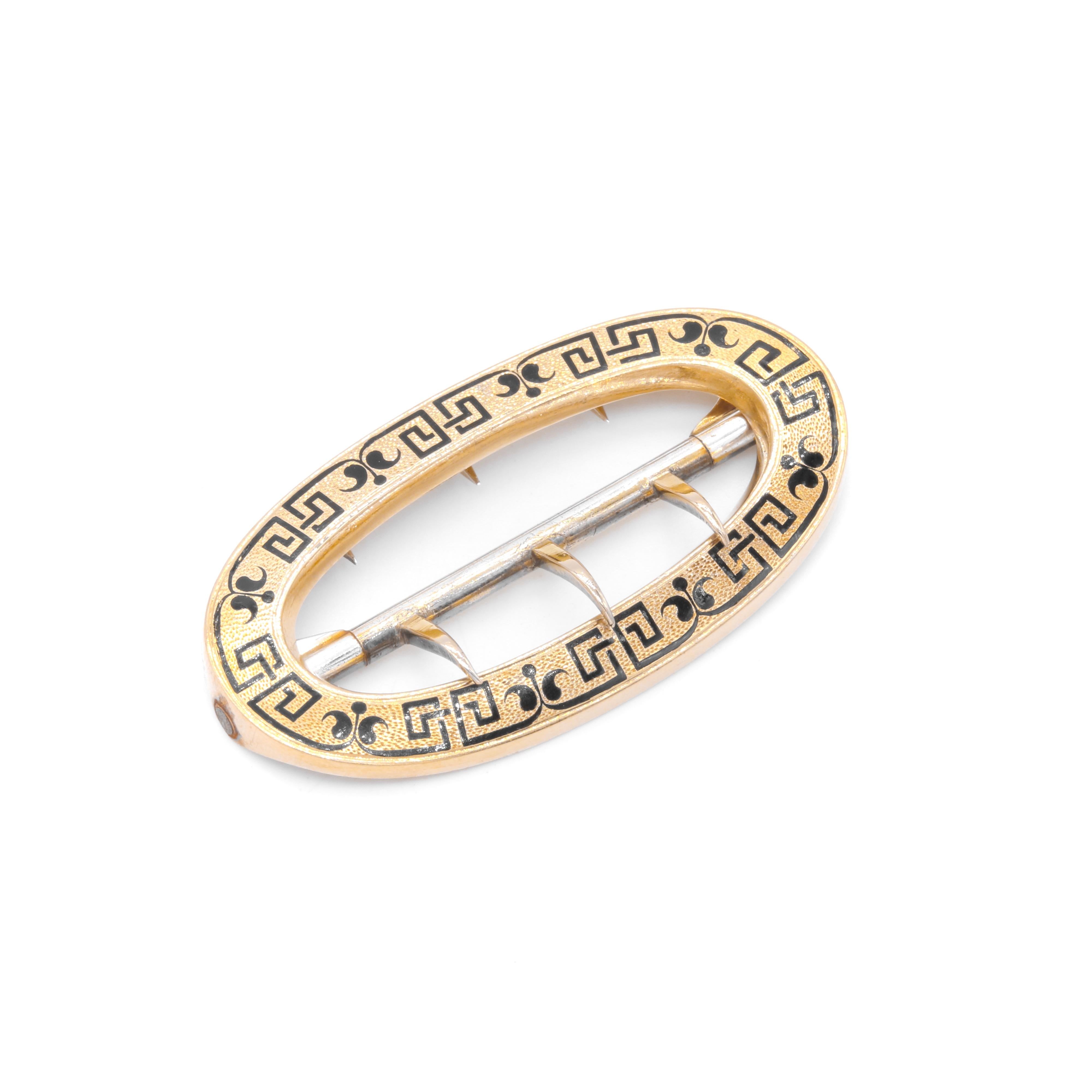 Antique Victorian French 18K Yellow Gold & Silver Black Enamel Oval Belt Buckle In Good Condition For Sale In Staines-Upon-Thames, GB