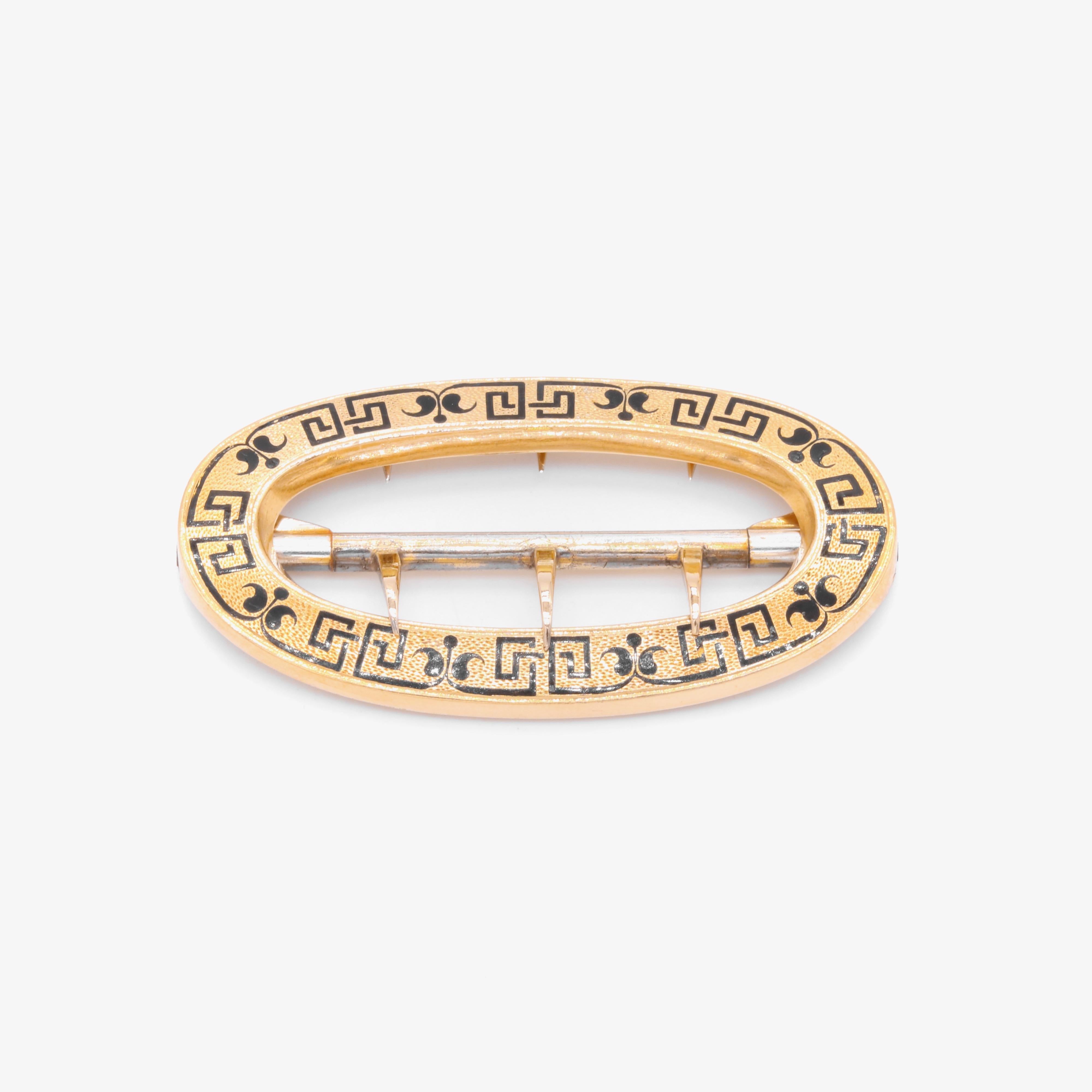 Women's or Men's Antique Victorian French 18K Yellow Gold & Silver Black Enamel Oval Belt Buckle For Sale